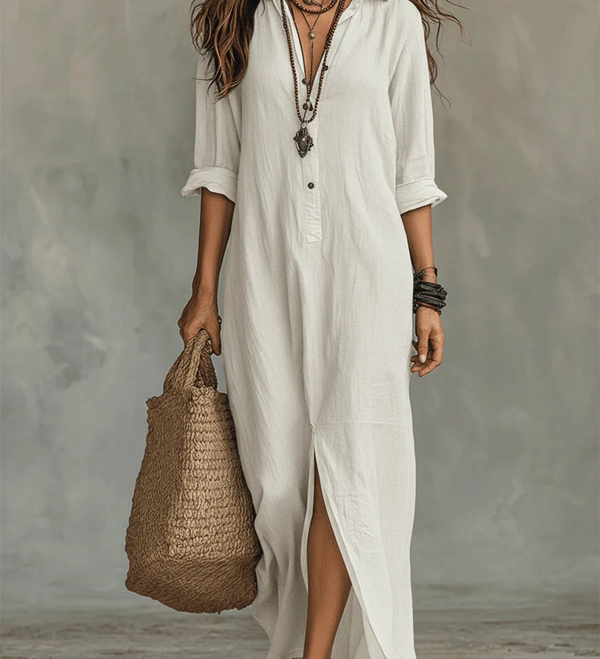 ソリーヌ™ | ボタン付きのゆったりとしたグリーンマキシドレス