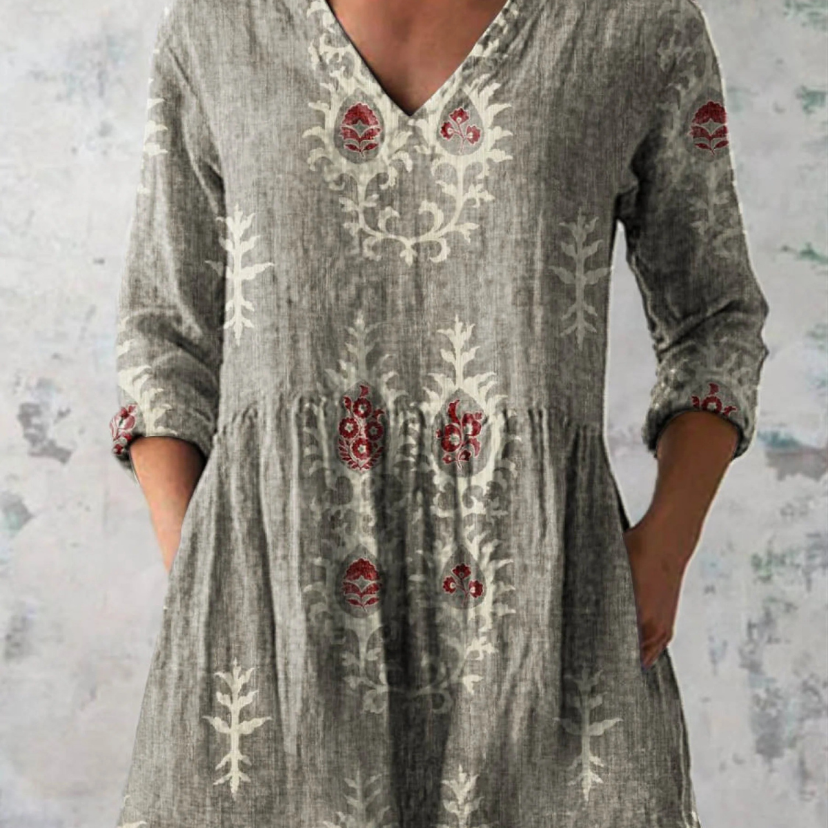 Élise | Lange Leinenbluse mit bohemian floralem Blockdruck
