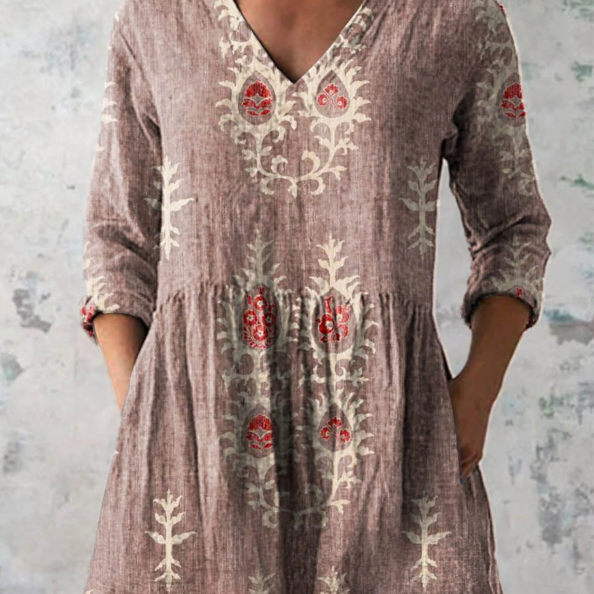 Élise | Lange Leinenbluse mit bohemian floralem Blockdruck