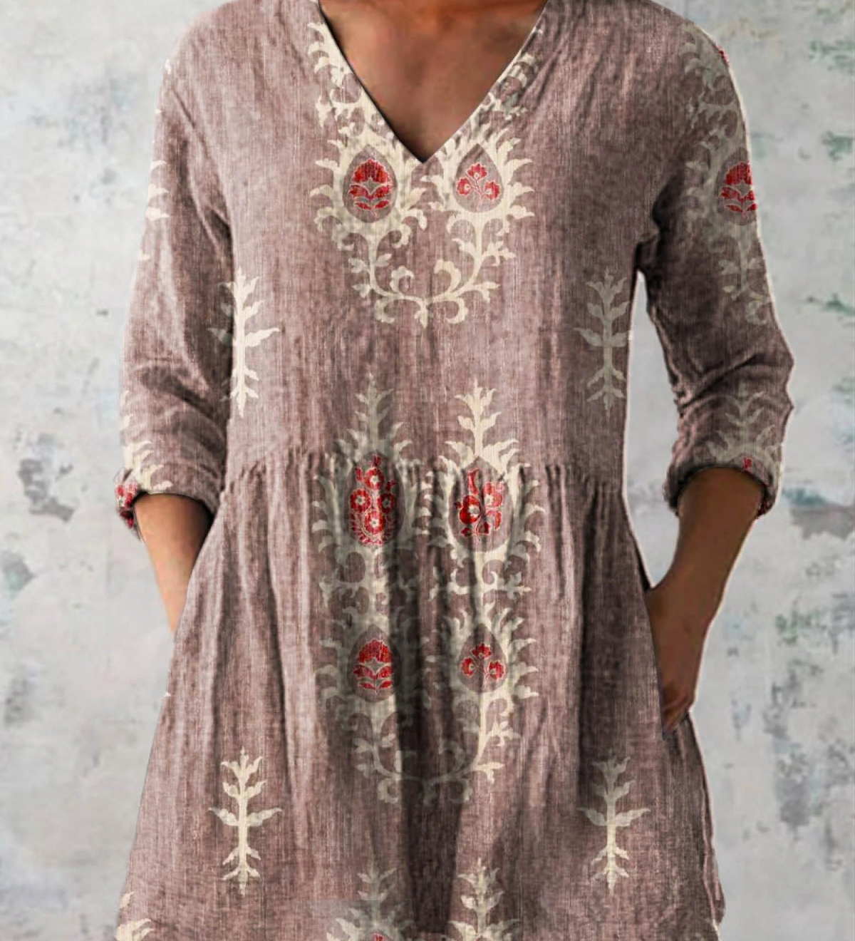 Élise | Lange Leinenbluse mit bohemian floralem Blockdruck
