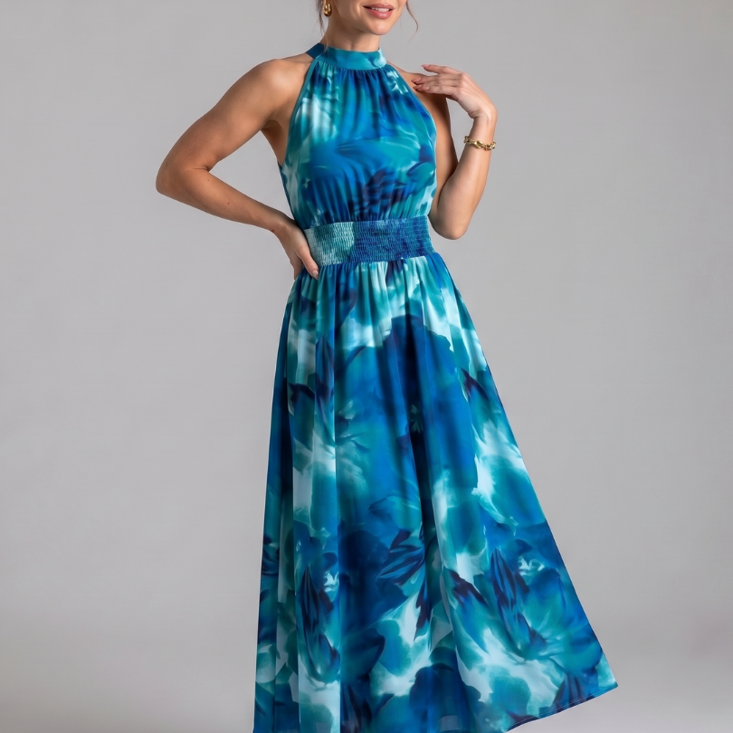 Olivia | Midi-Kleid mit geraffter Taille und abstraktem Druck