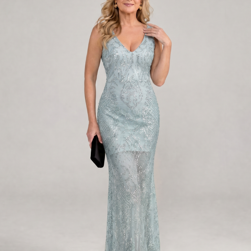 Sirea | Pailletten ärmelloses, transparentes Midi-Kleid