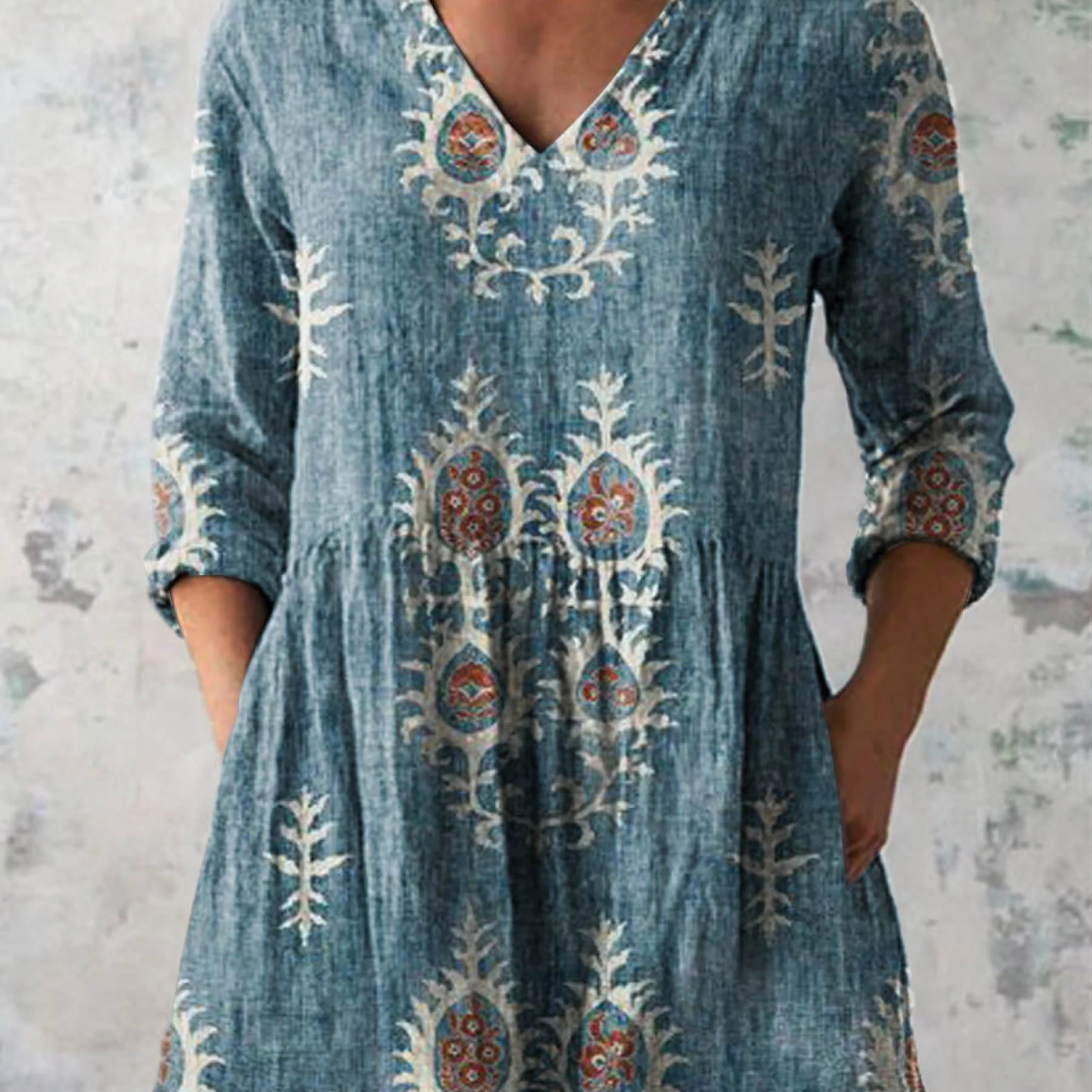 Élise | Lange Leinenbluse mit bohemian floralem Blockdruck