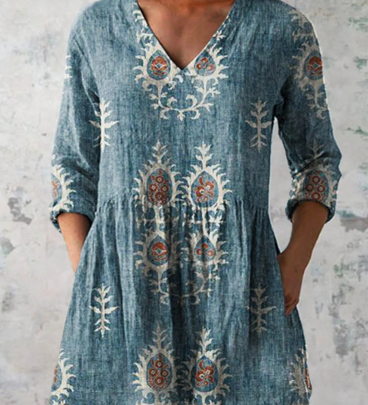 Élise | Lange Leinenbluse mit bohemian floralem Blockdruck