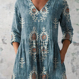 Élise | Lange Leinenbluse mit bohemian floralem Blockdruck