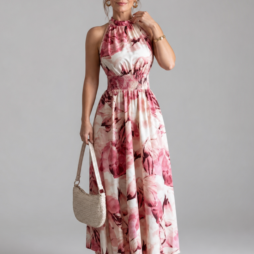 Olivia | Midi-Kleid mit geraffter Taille und abstraktem Druck