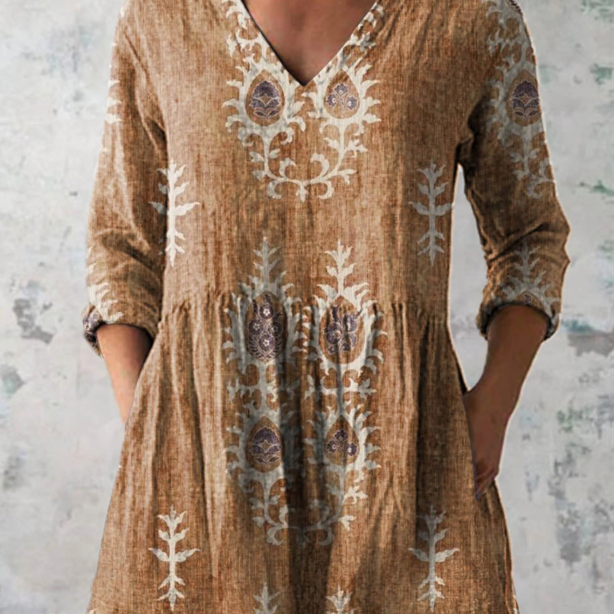 Élise | Lange Leinenbluse mit bohemian floralem Blockdruck