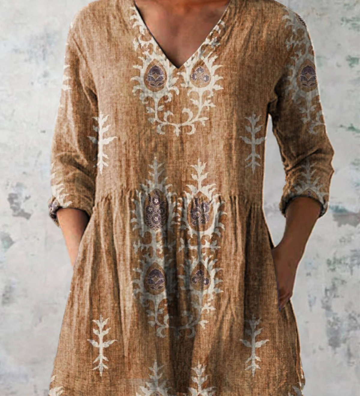 Élise | Lange Leinenbluse mit bohemian floralem Blockdruck