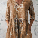 Élise | Lange Leinenbluse mit bohemian floralem Blockdruck