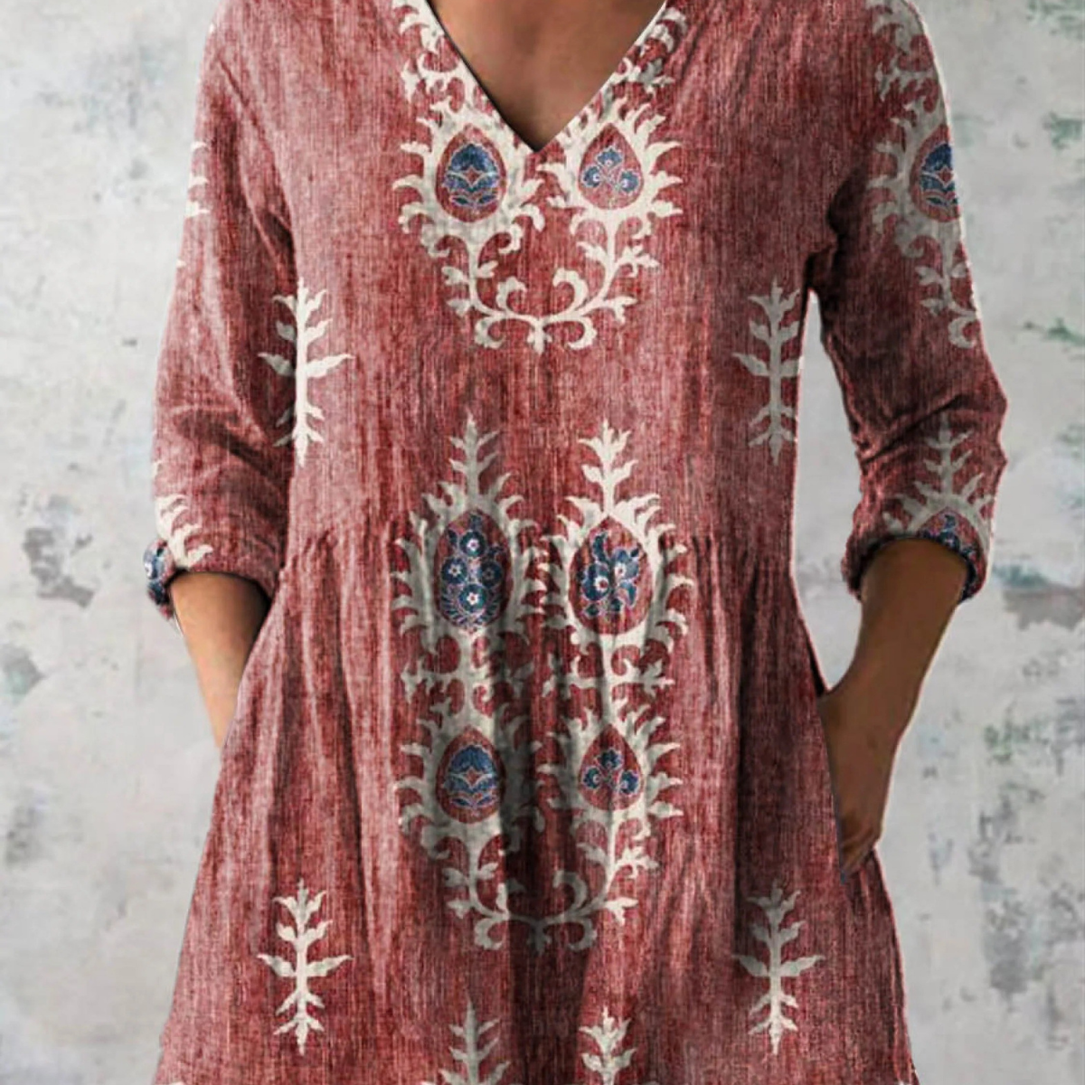 Élise | Lange Leinenbluse mit bohemian floralem Blockdruck