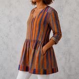 Nadia | Lange Bluse aus Leinen mit kontrastierenden vertikalen Streifen