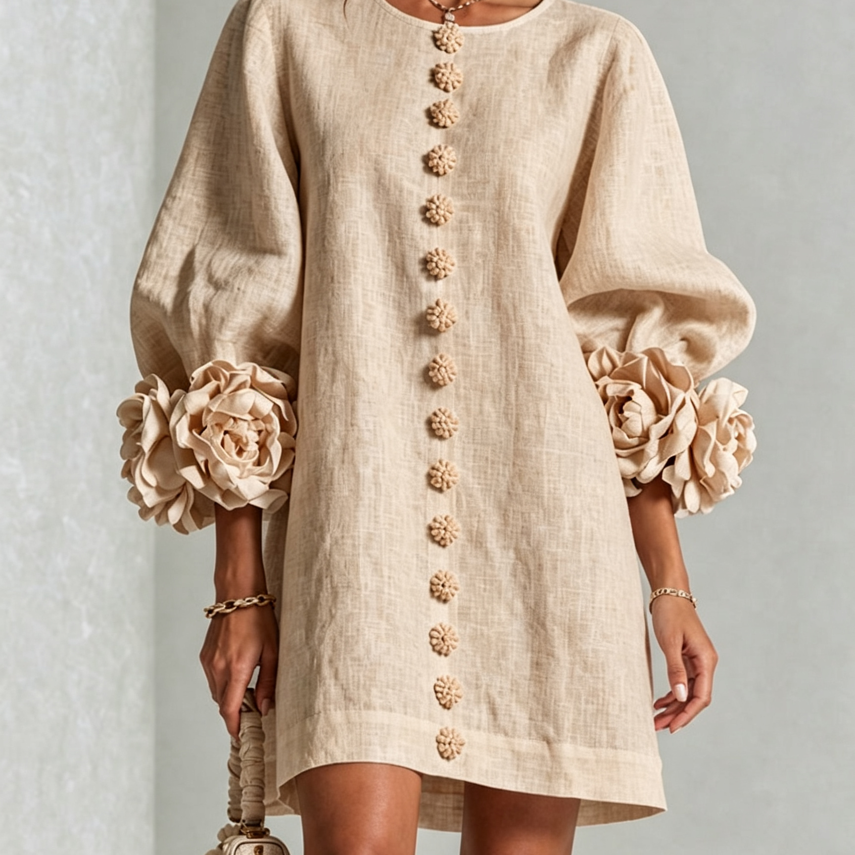 Freja | Elegantes Minikleid mit Puffärmeln, Blumenknöpfen und Blumenmanschetten