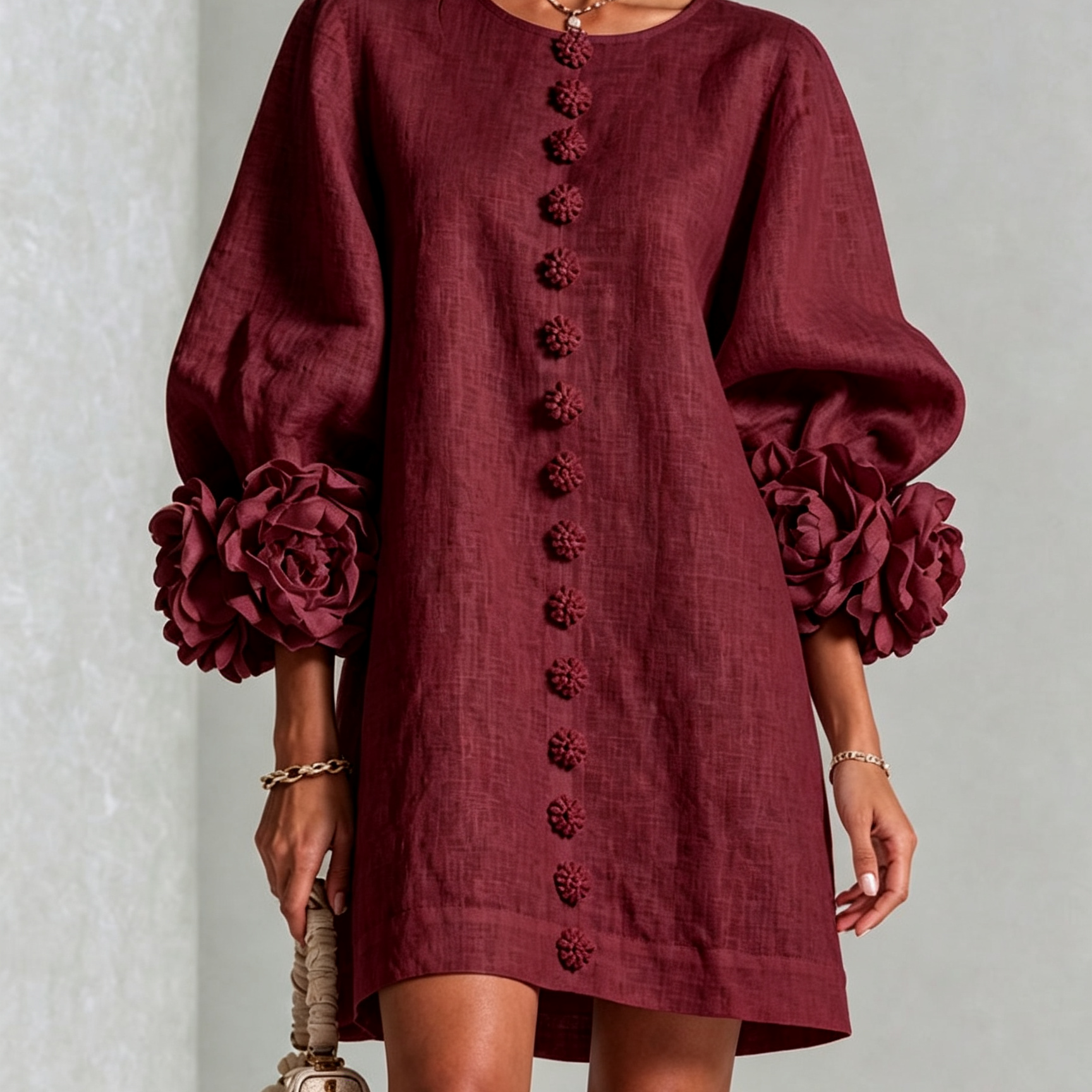 Freja | Elegantes Minikleid mit Puffärmeln, Blumenknöpfen und Blumenmanschetten