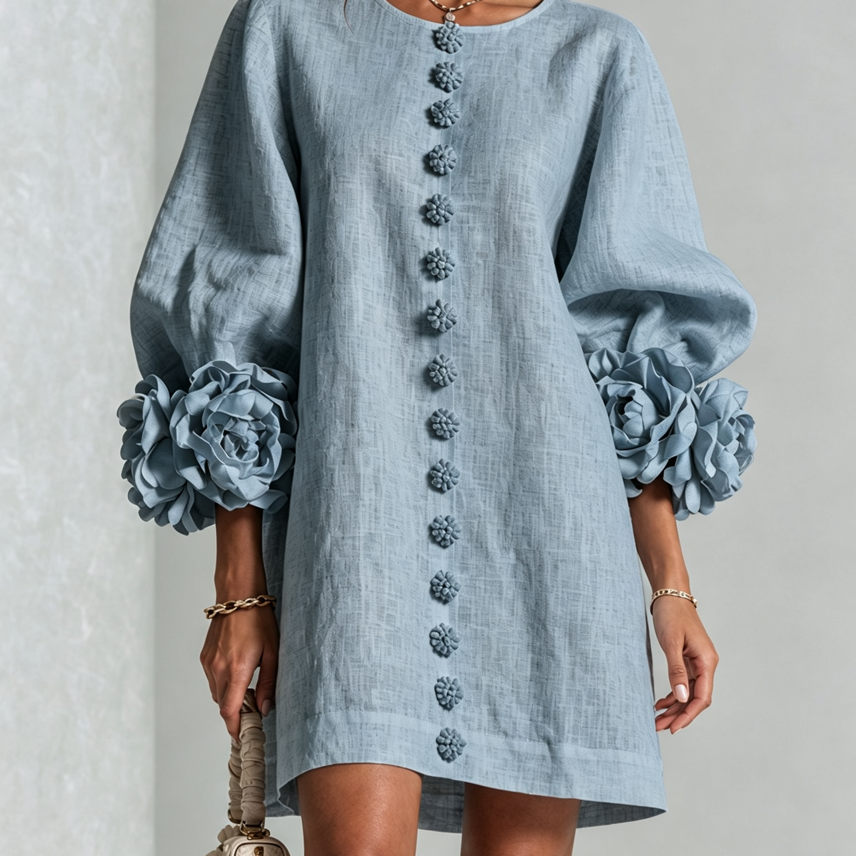 Freja | Elegantes Minikleid mit Puffärmeln, Blumenknöpfen und Blumenmanschetten