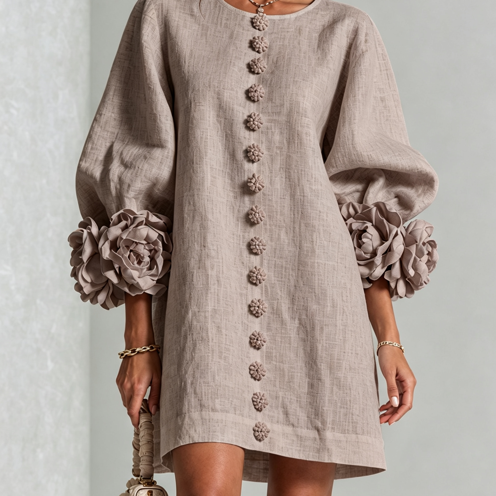 Freja | Elegantes Minikleid mit Puffärmeln, Blumenknöpfen und Blumenmanschetten