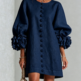 Josefine | Marineblaues Minikleid mit Puffärmeln, Blumenknöpfen und Blumenmanschetten