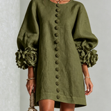 Freja | Elegantes Minikleid mit Puffärmeln, Blumenknöpfen und Blumenmanschetten