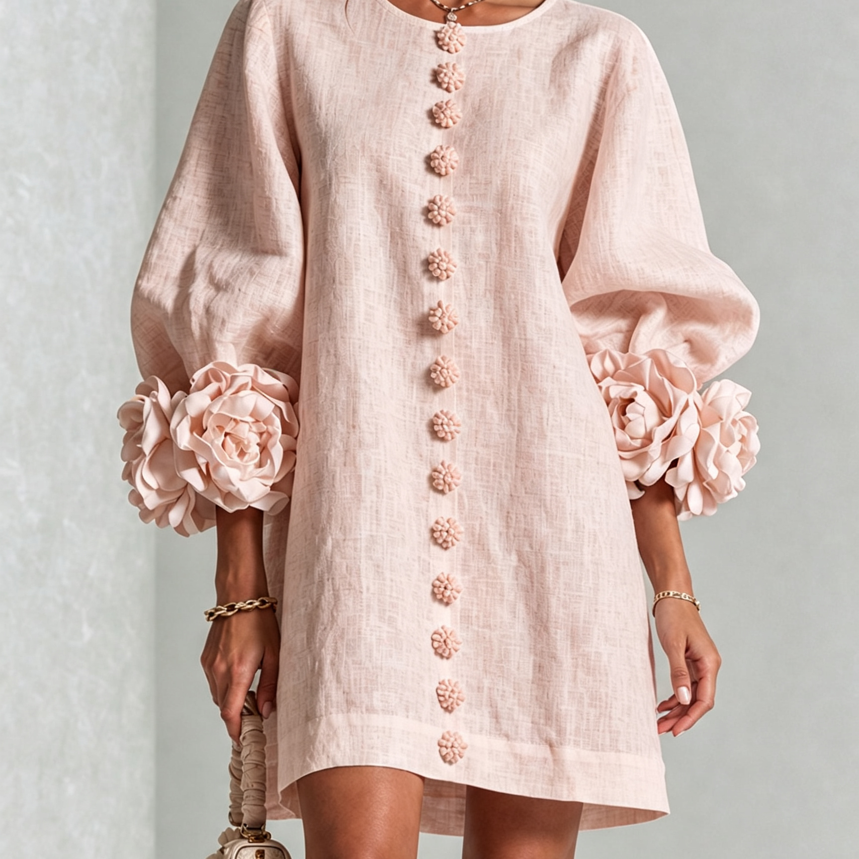 Freja | Elegantes Minikleid mit Puffärmeln, Blumenknöpfen und Blumenmanschetten