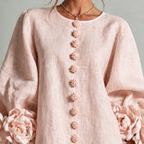 Astrid | Rosa Minikleid mit Puffärmeln, Blumenknöpfen und Blumenmanschetten