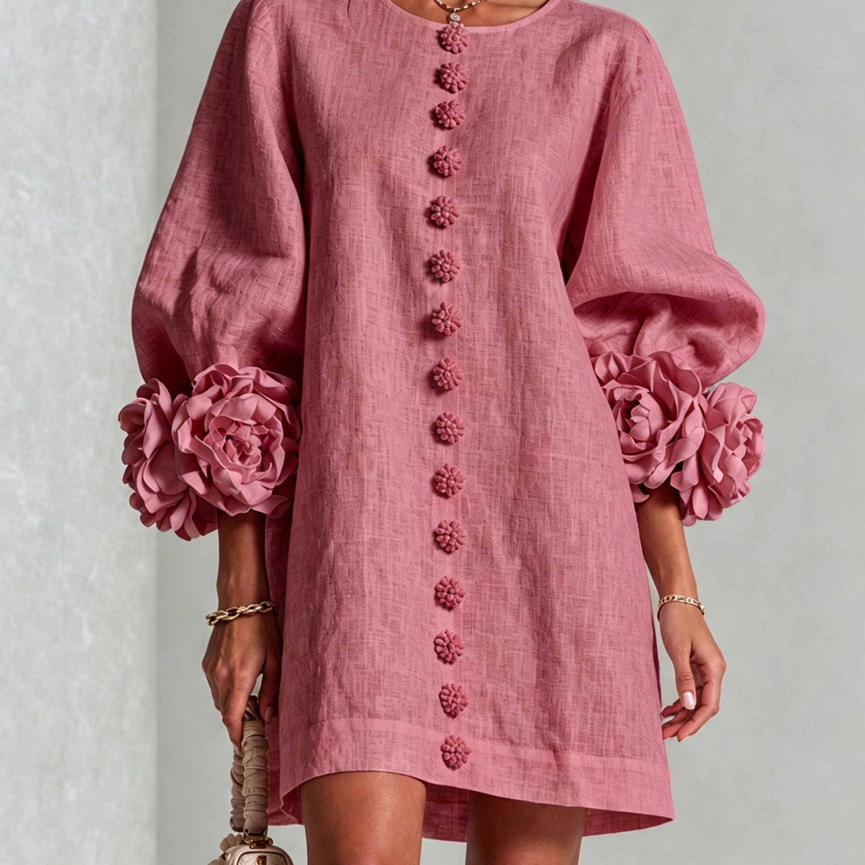 Freja | Elegantes Minikleid mit Puffärmeln, Blumenknöpfen und Blumenmanschetten