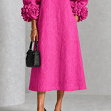 Asta | Fuchsia Midikleid mit Puffärmeln, Blumenknöpfen und Blumenmanschetten