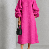 Asta | Fuchsia Midikleid mit Puffärmeln, Blumenknöpfen und Blumenmanschetten