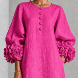 Asta | Fuchsia Midikleid mit Puffärmeln, Blumenknöpfen und Blumenmanschetten