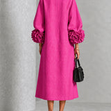 Asta | Fuchsia Midikleid mit Puffärmeln, Blumenknöpfen und Blumenmanschetten