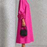Asta | Fuchsia Midikleid mit Puffärmeln, Blumenknöpfen und Blumenmanschetten