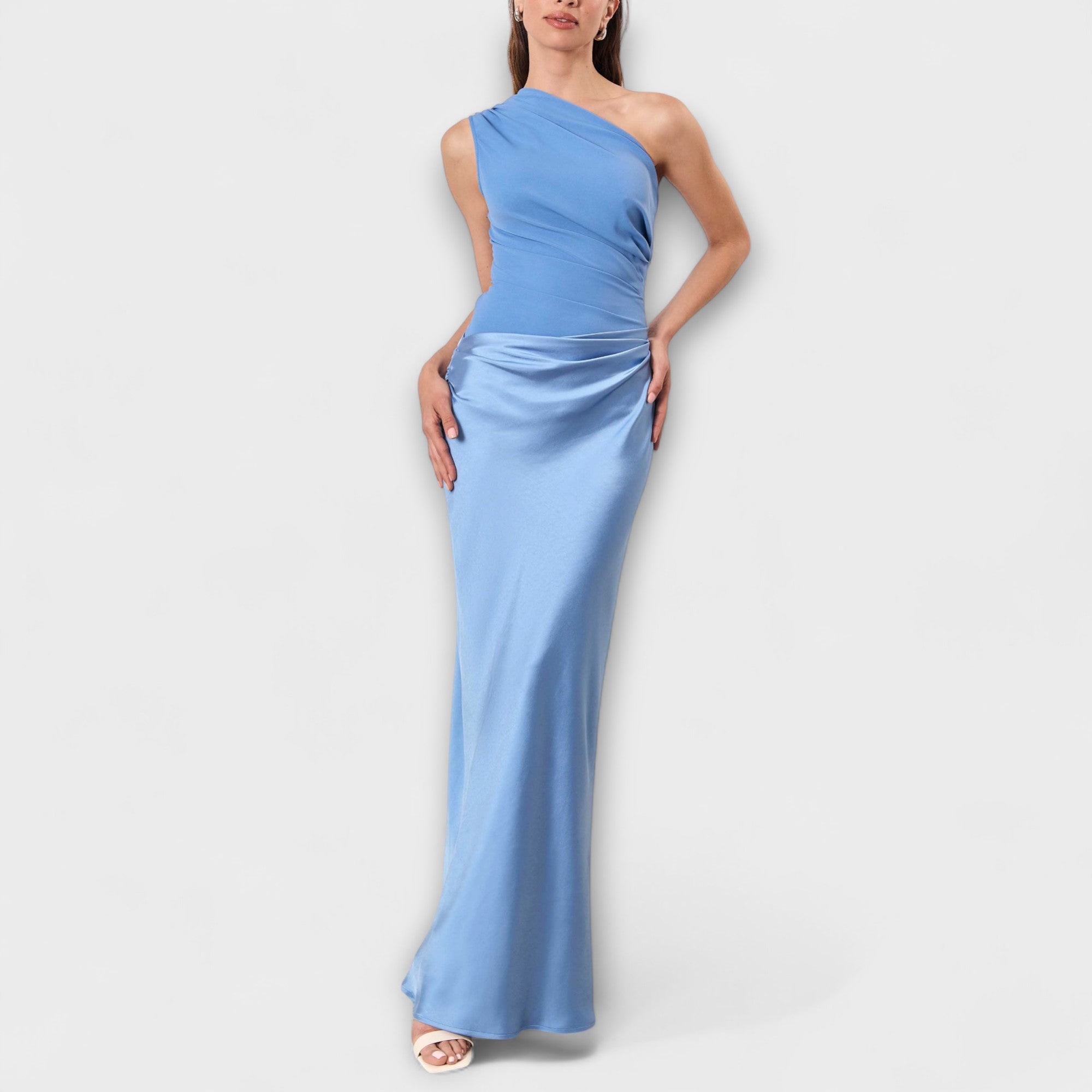 Elegantes Ein-Schulter Falten Maxi Kleid