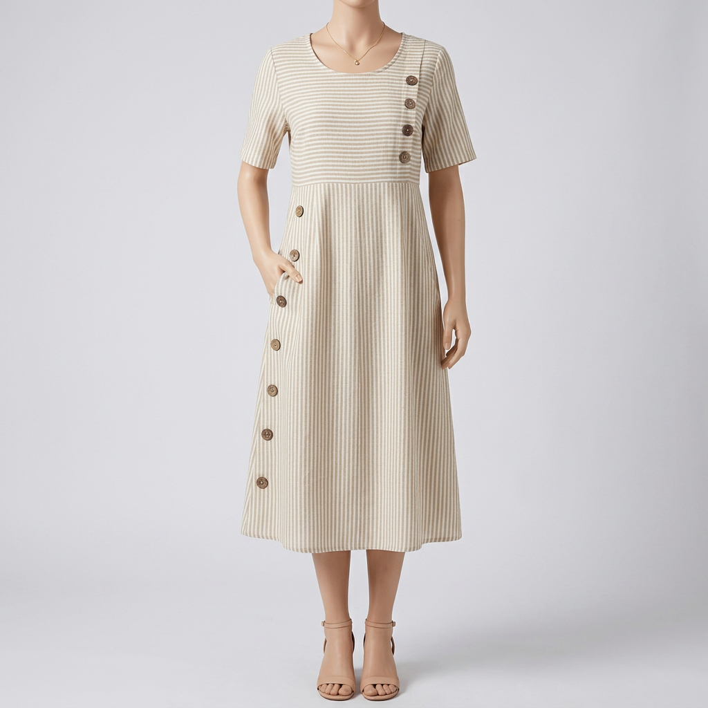 Cecily | Gestreiftes Midi-Kleid mit Knopfdetails und Taschen