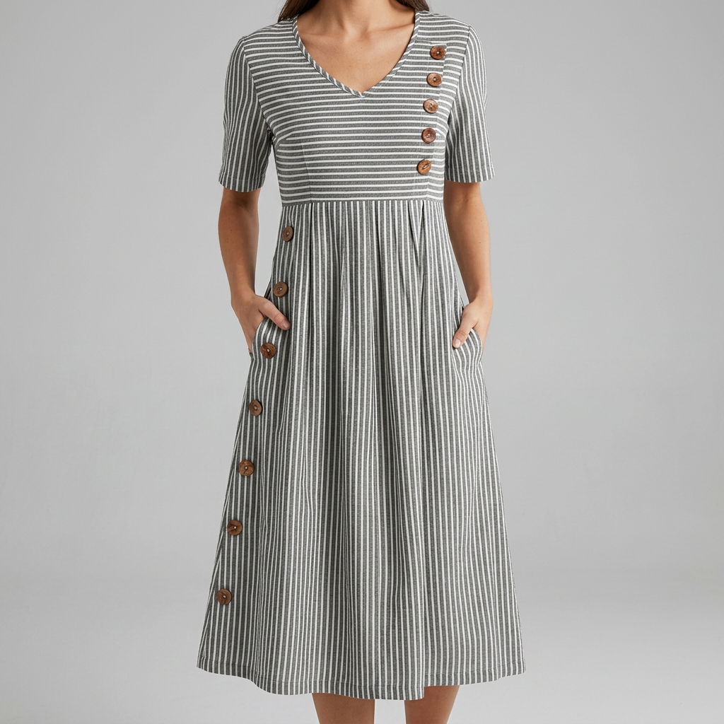 Cecily | Gestreiftes Midi-Kleid mit Knopfdetails und Taschen