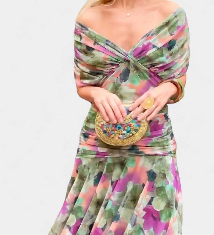 Magda™ | Vネックの花柄ロングドレス