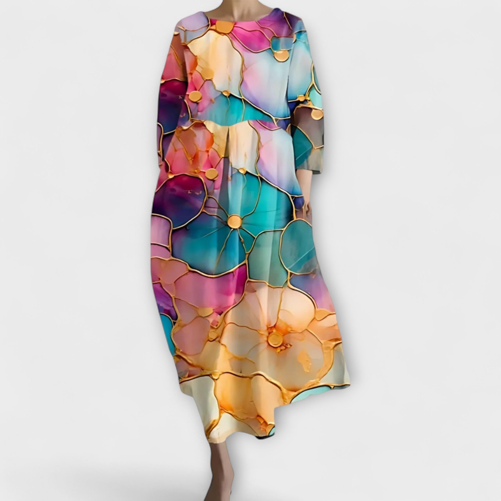 Fiona - Langes, farbenfrohes Kleid mit V-Ausschnitt