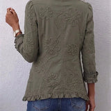 Kamberly | Elegante Rüschenjacke mit Blumenstickerei in Olivgrün