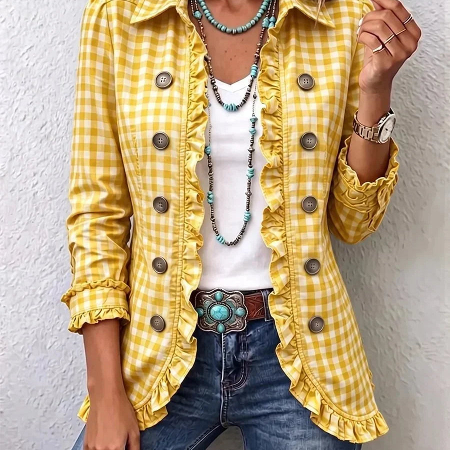 Charlene | Elegante Rüschenjacke mit Karomuster in Grün