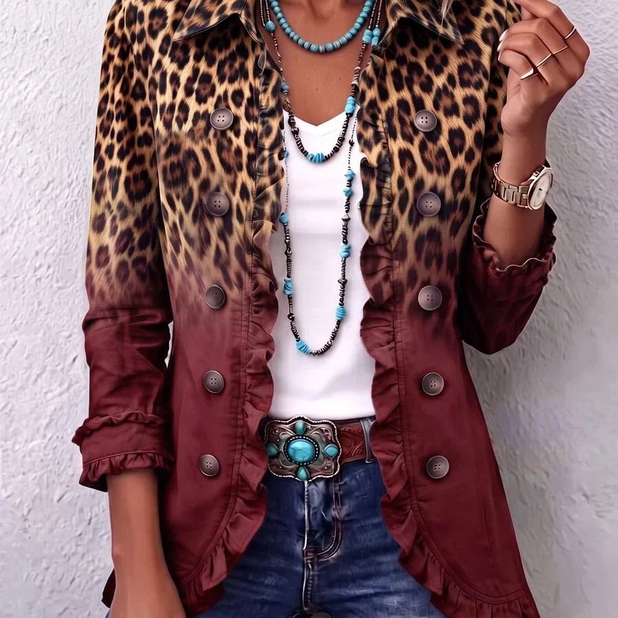 Elspeth | Elegante Rüschenjacke mit Leo-Ombré in Türkis