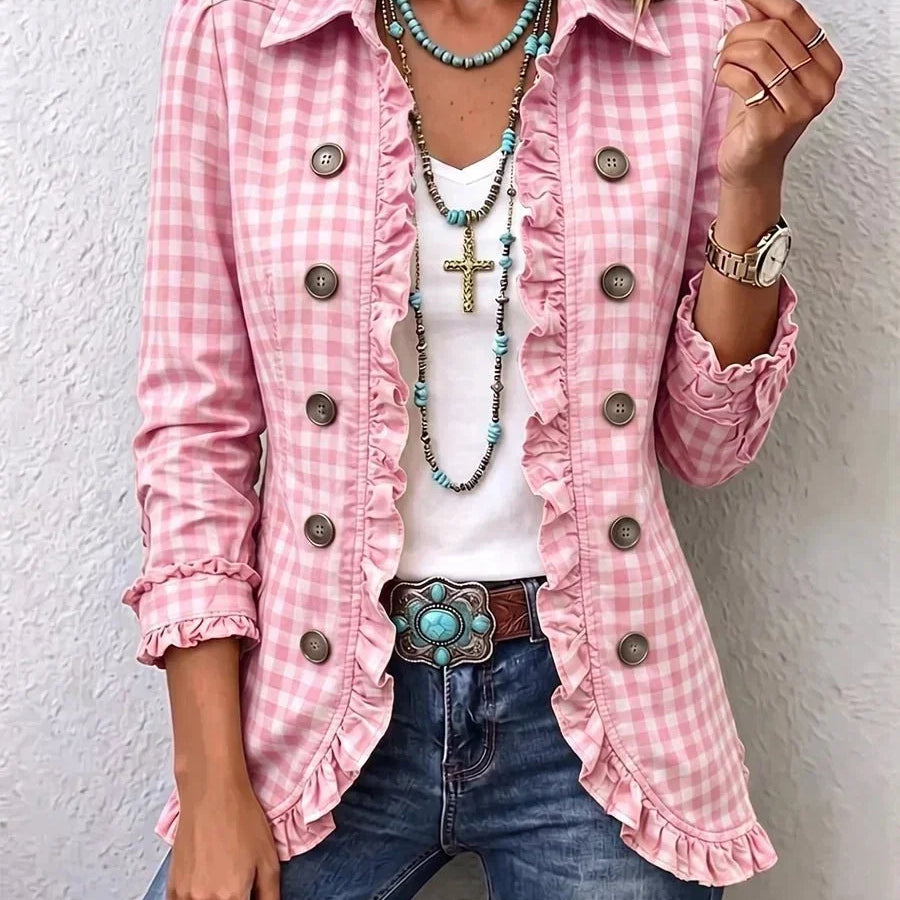 Charlene | Elegante Rüschenjacke mit Karomuster in Grün