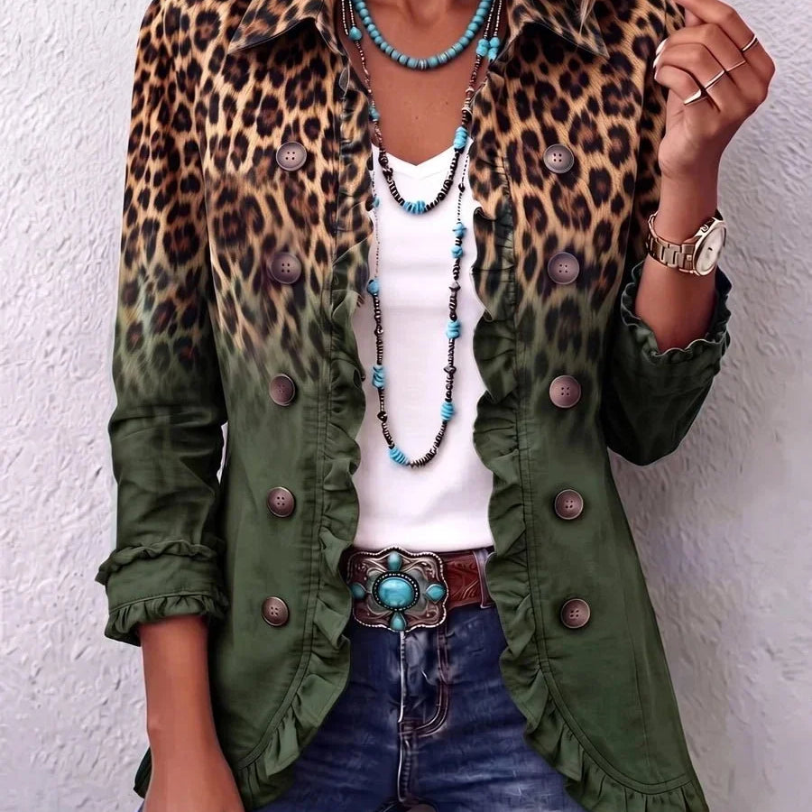 Elspeth | Elegante Rüschenjacke mit Leo-Ombré in Türkis