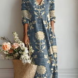 Margrit™ | Midi-Kleid aus Leinen mit grossen botanischen Blumenmustern