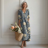Margrit™ | Midi-Kleid aus Leinen mit grossen botanischen Blumenmustern